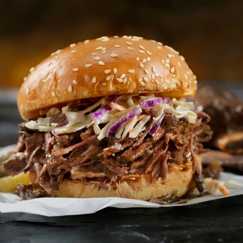 Pulled brisket burger close-up