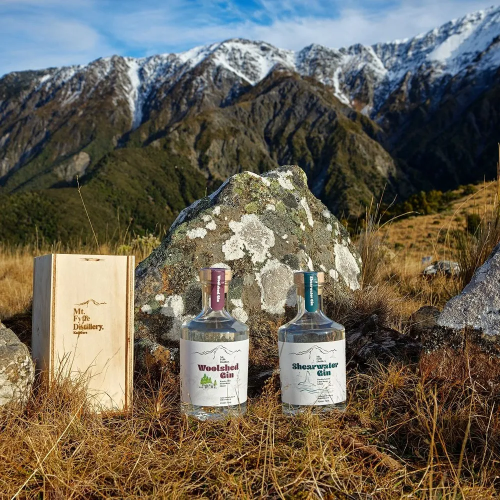 Gin bottles in front of Mt Fyffe Distillery