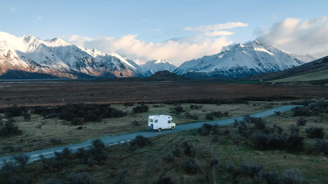 Campervan on the road to Edoras (Mid Canterbury)