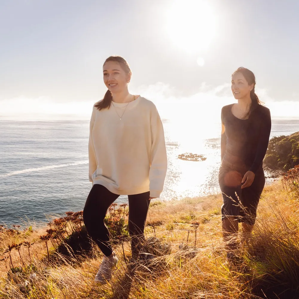 Ladies enjoying a walk on Godley Head Track.