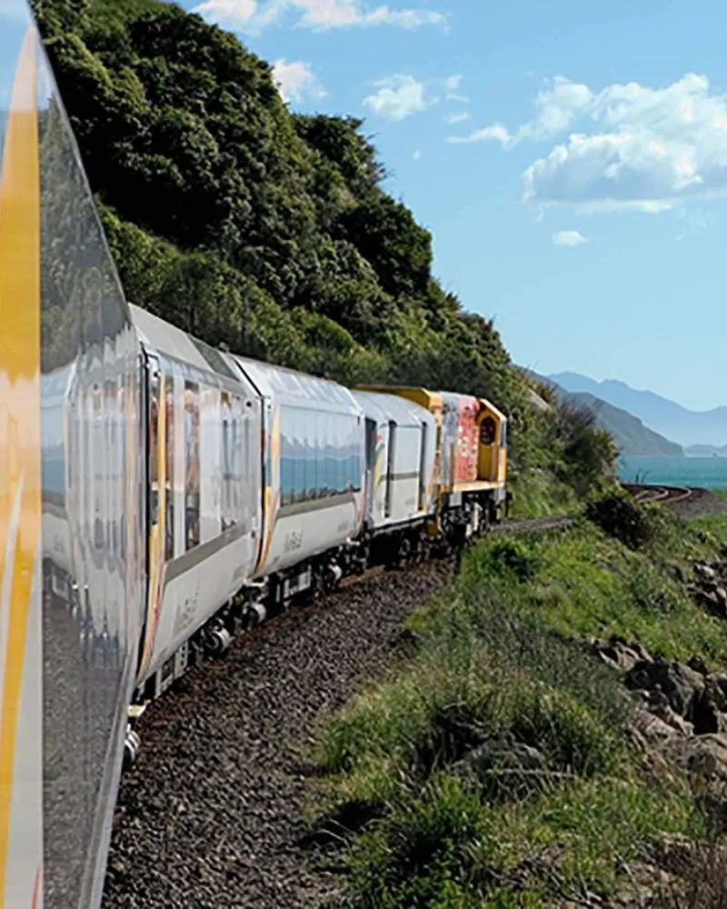Coastal pacific train driving past the shoreline