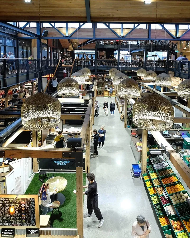 Looking at the interior of Riverside Market from the balcony.
