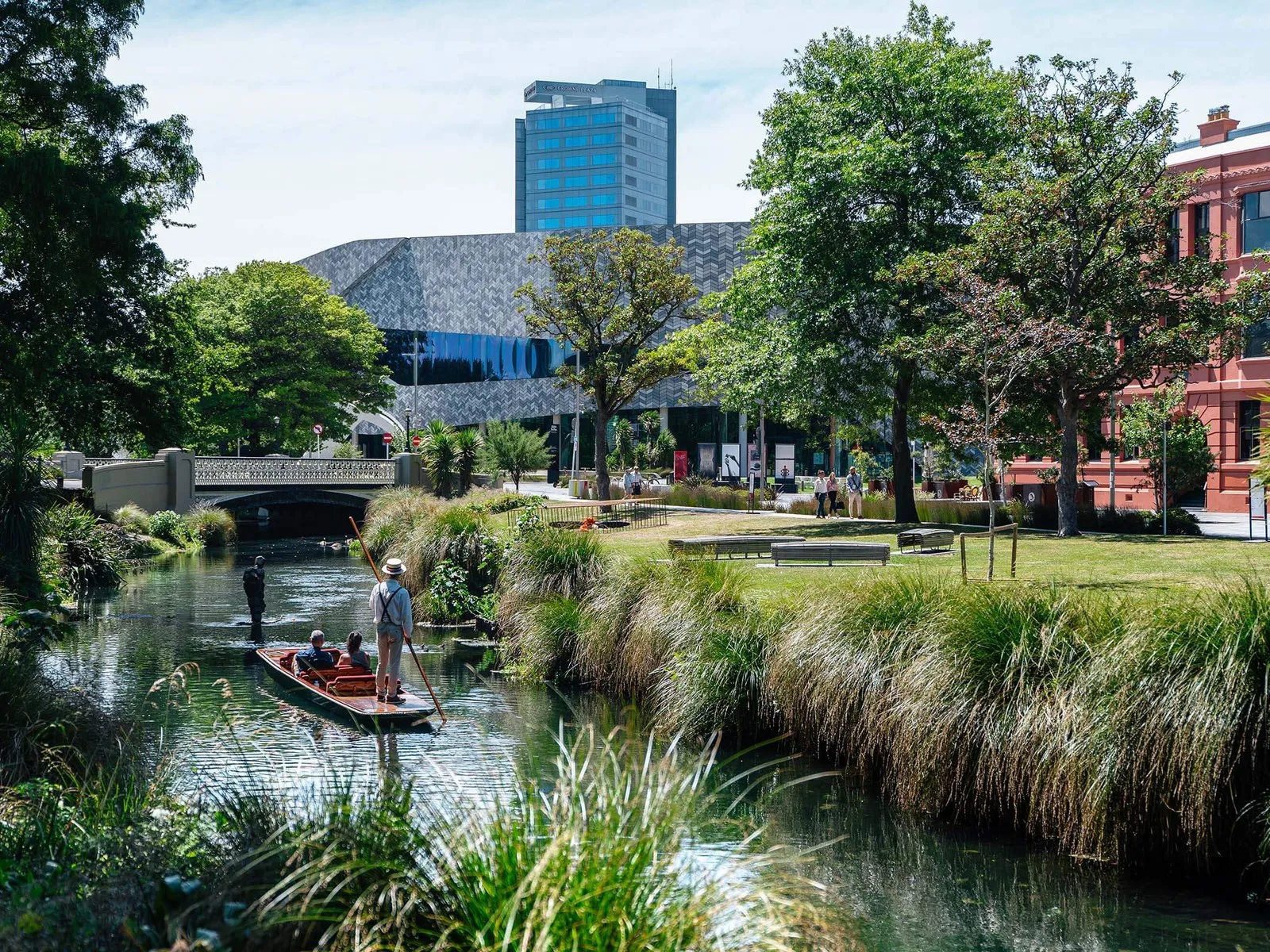 Punting on the Avon in front of Te Pae Convention Centre.