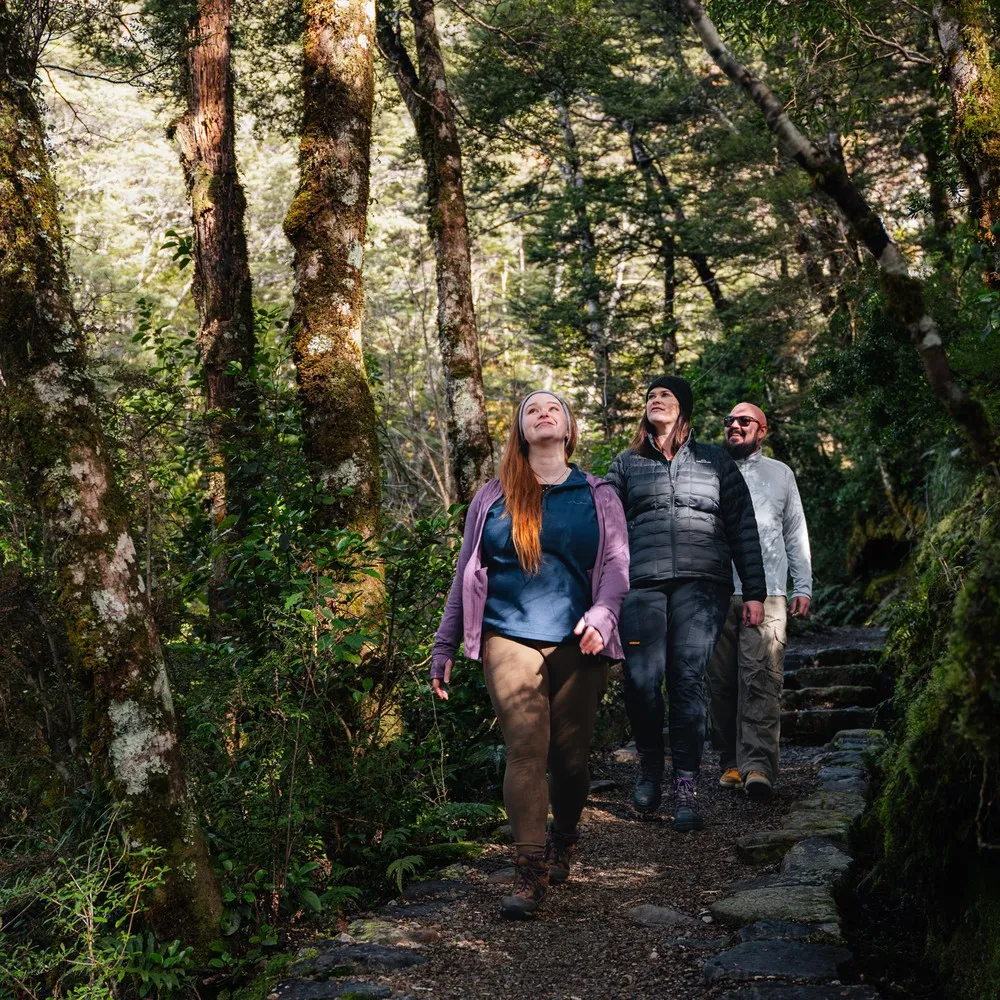 Group walking at Avalanche Creek Falls Arthurs Pass Selwyn.
