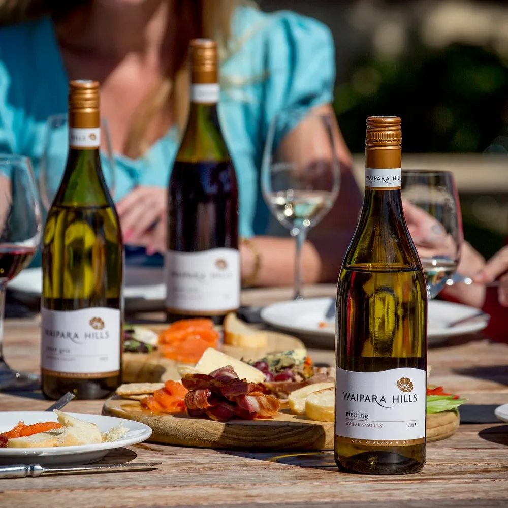 Wine and platters of food at Waipara Hills Winery