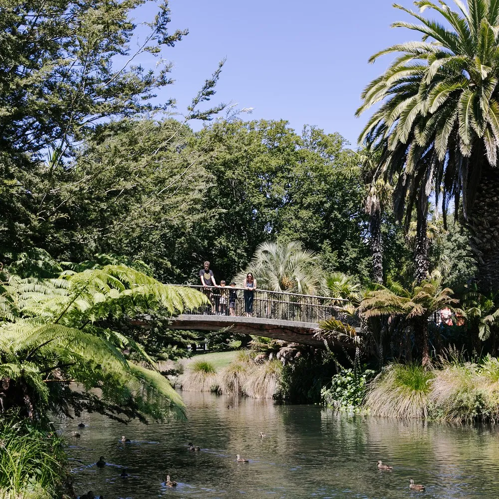 Family on the bridge in the botanic garden