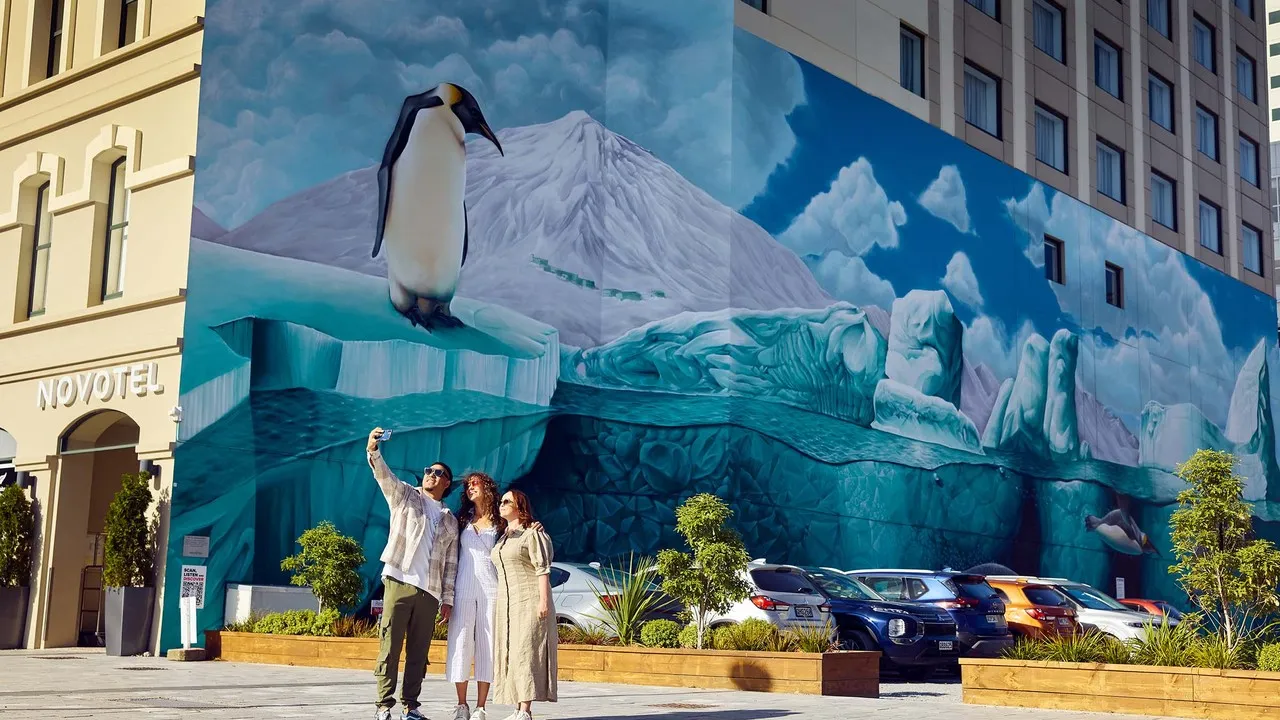 Taking a selfie in front of the Antarctic Mural