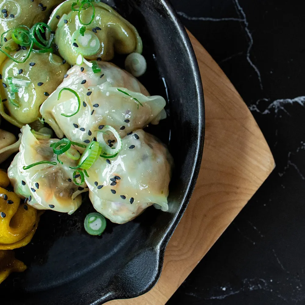Pan of steamed dumplings