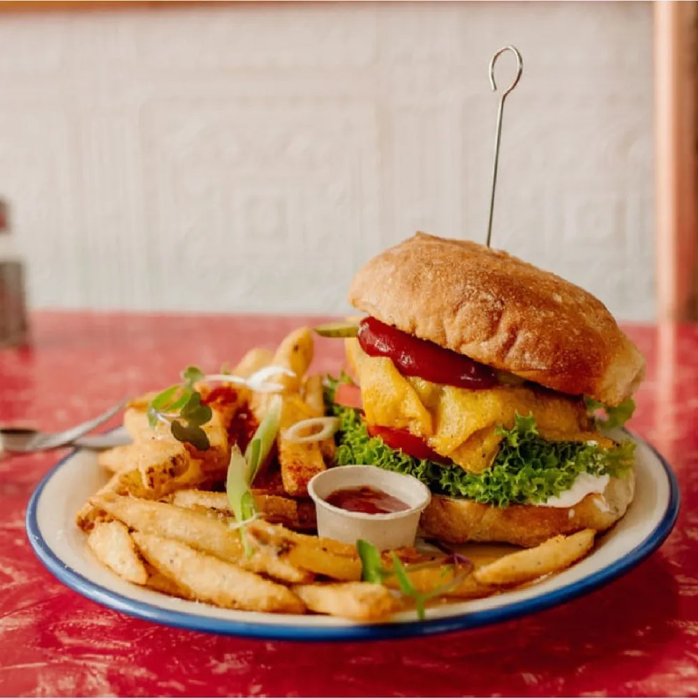 Portershed stacked burger with fries
