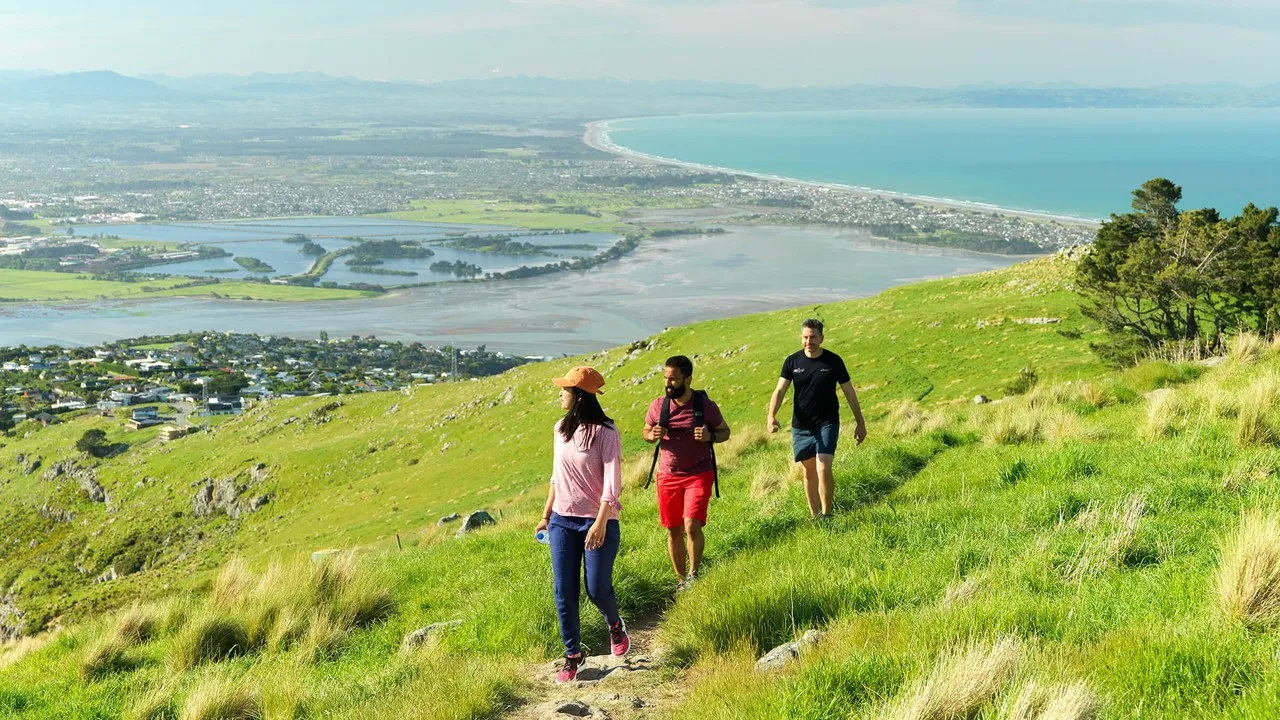 Group of friends walking on the Port Hills