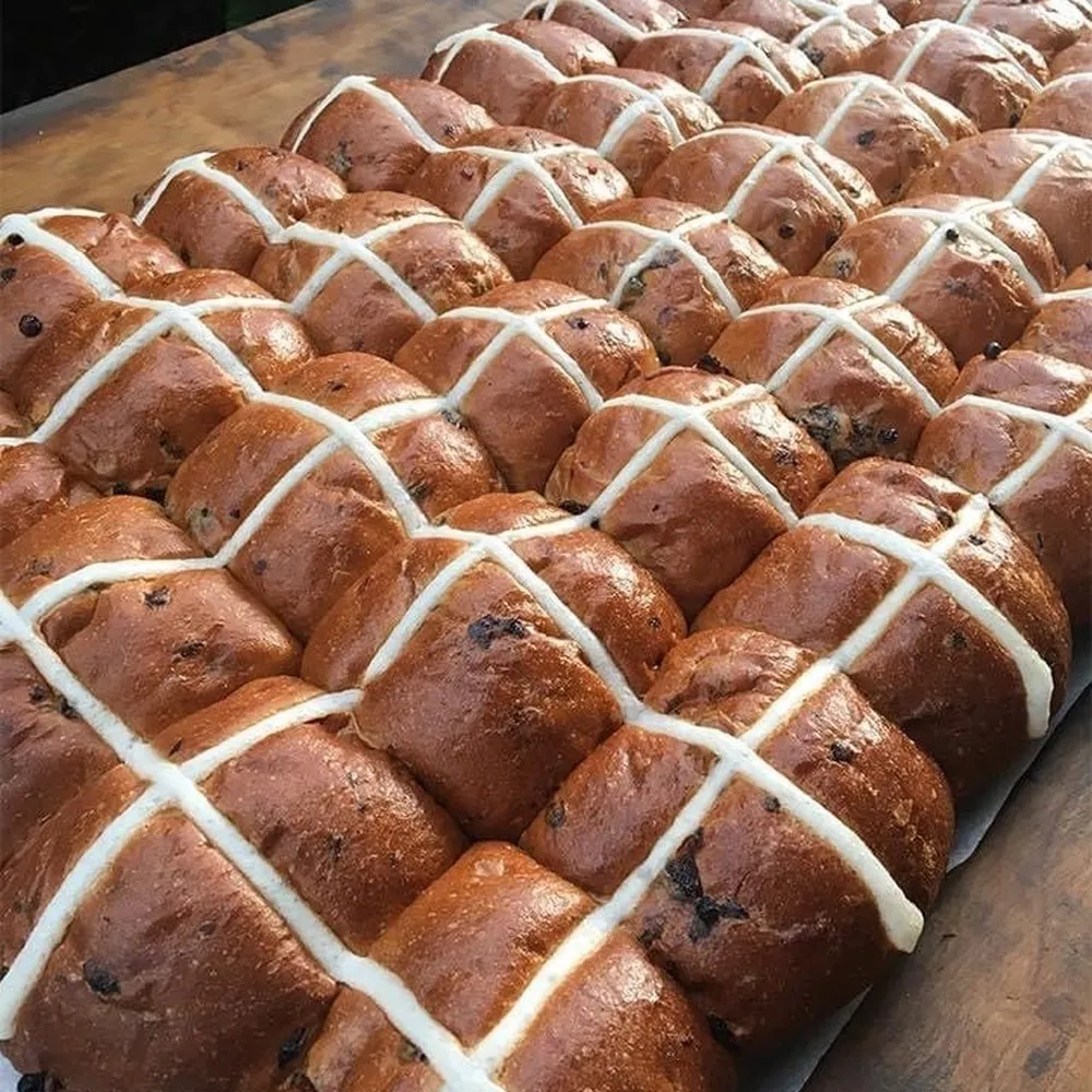 Tray of hot cross buns from Kidds Bakery