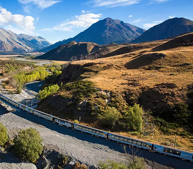 Kiwirail Great Journeys of New Zealand Tranzalpine train travels along the banks of the river with mountains behind 