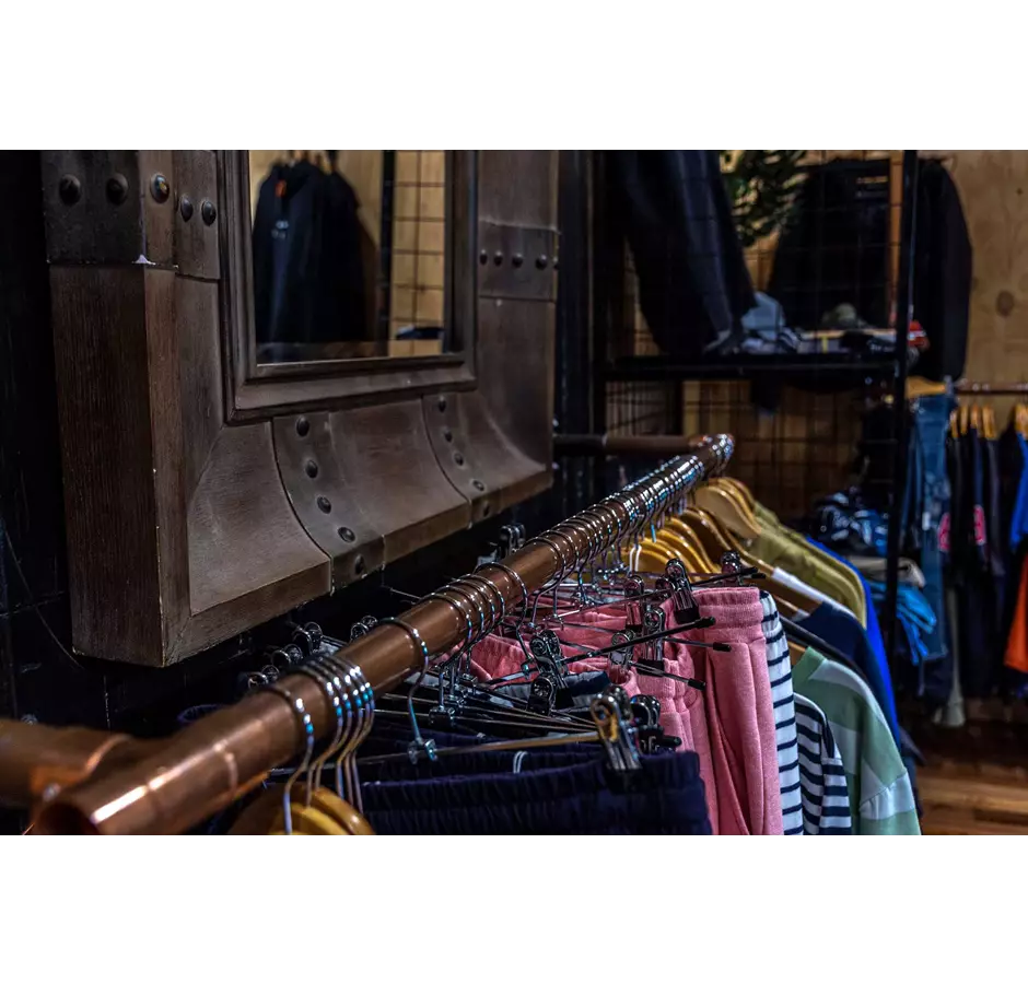 Boutique shop in the Mackenzie district. Rack full of clothes.