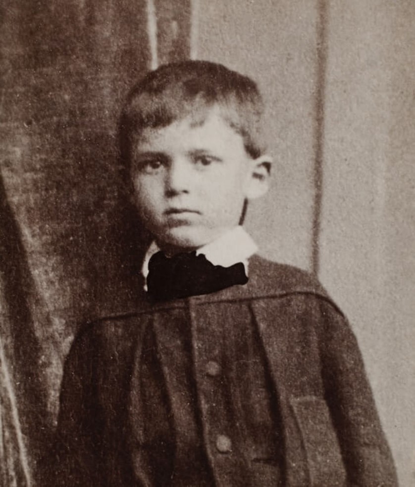 Young boy: Frank Worsley lost his mother at age two and was put to work clearing trees at age 10. Image credit: Akaroa Museum. Photographer unknown, c.1877