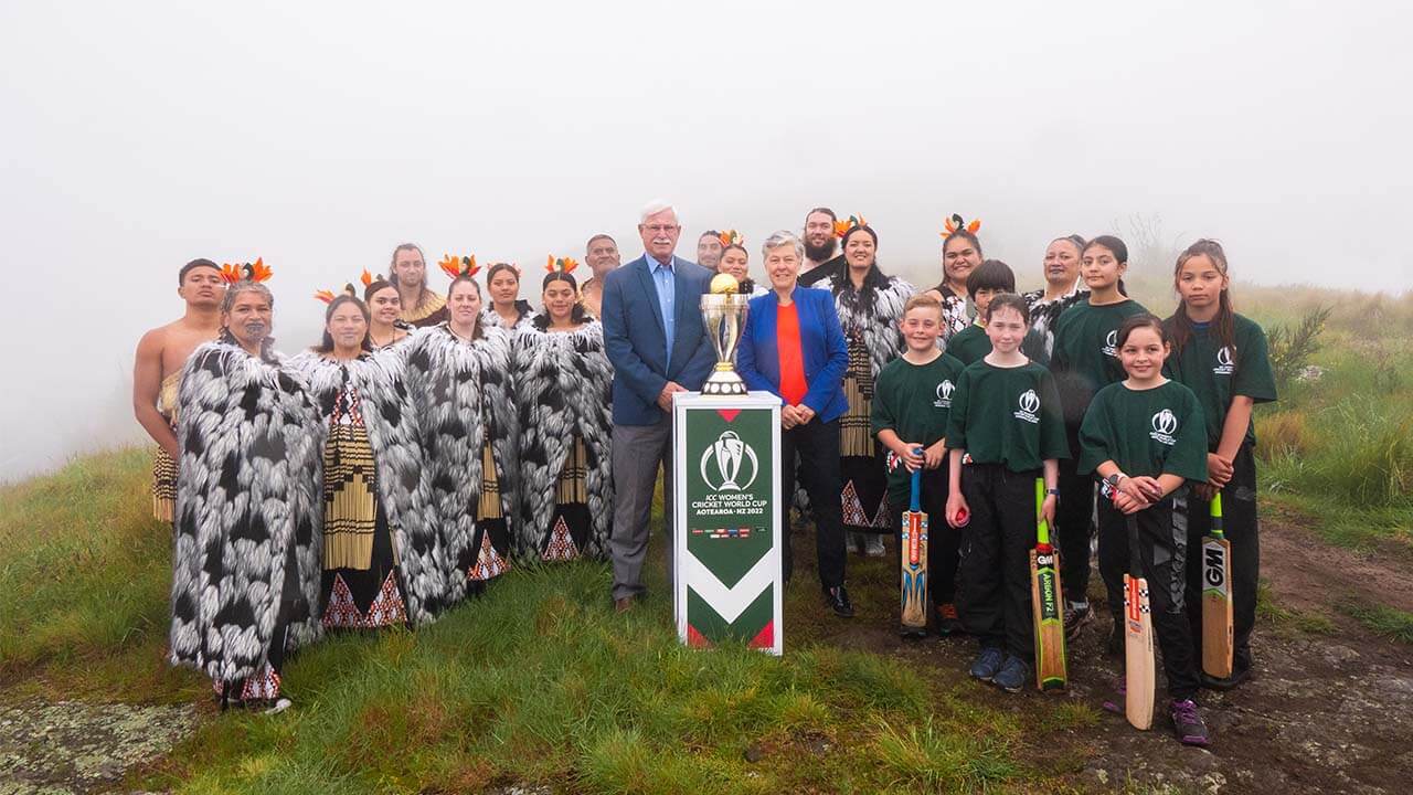 ICC Cricket World Cup 100 Days To Go Group On Port Hills With Trophy