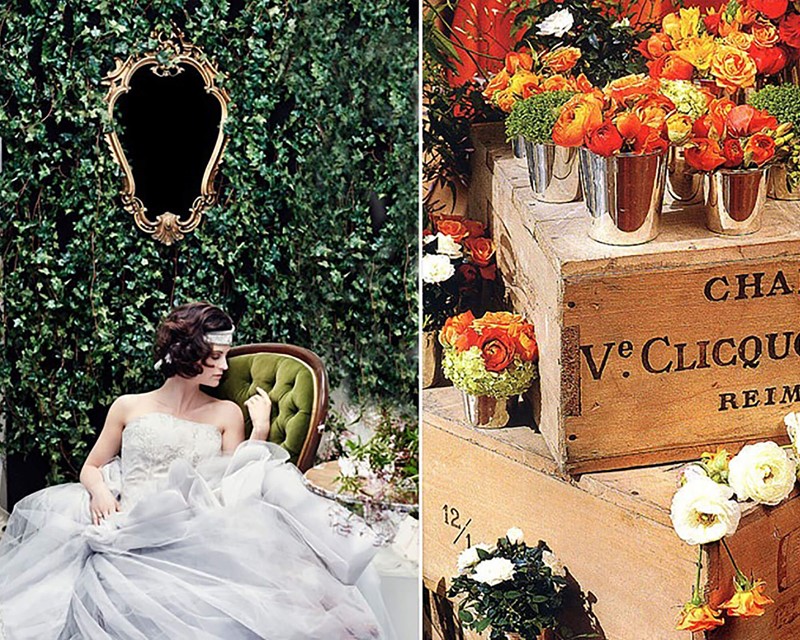 A split image, on the left a model poses in a wedding dress in front of a green living wall. She sits on a green elegant chair. On the right, champagne crates are stacked with mini silver pails with orange and white flowers