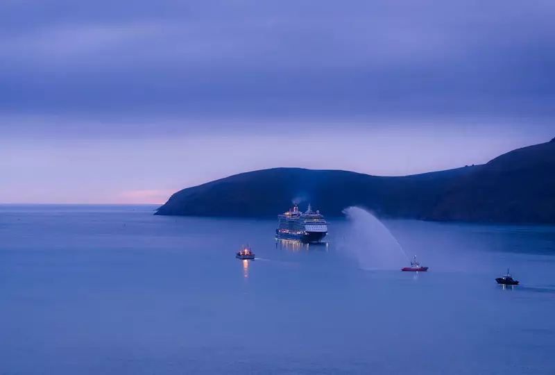 A beautiful dawn for greeting the first cruise ship at the heads of Whakaraupō, Lyttelton Harbour.