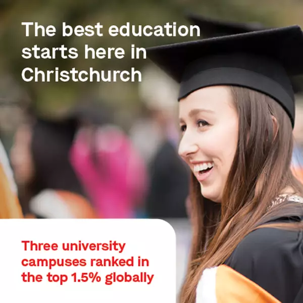 Image of women with text saying Chch has three universities in top 1.5% globally