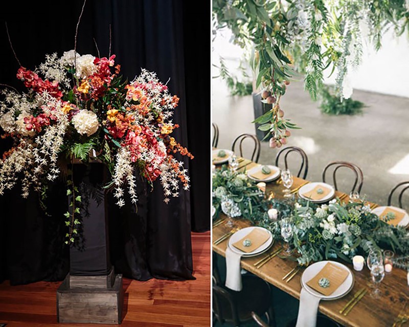 A split image, on the left on top of a plinth sits a large colorful bouquet. On the right a long table with greenery running down the center is set for a function 